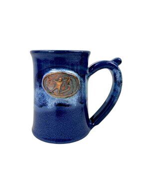 Glazed Pottery Mug Variegated Blue 3D Artistic Emblem Signed Handcrafted